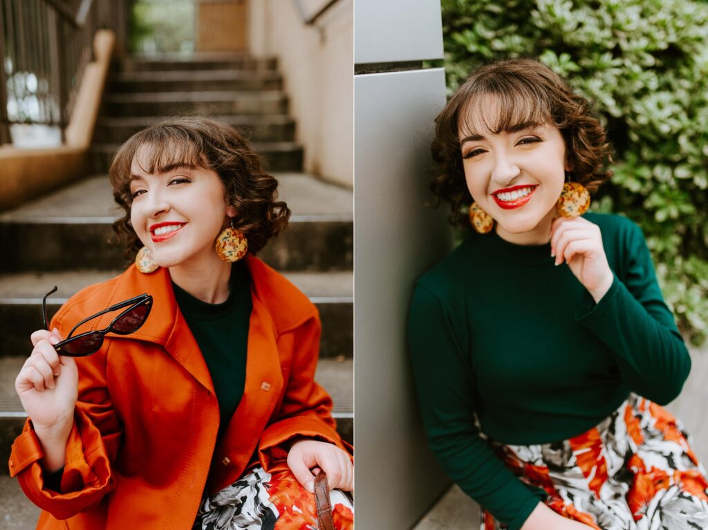 orange coat with flower skirt