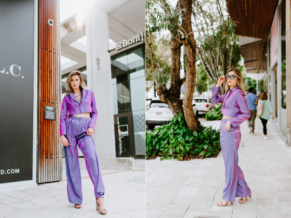 purple pantsuit with sunglasses